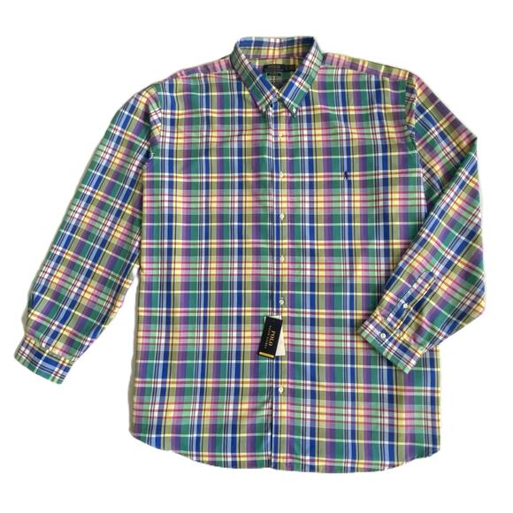 Polo Ralph Lauren Shirt Men's 4XLT Big & Tall Long Sleeve Blue Green Plaid NEW